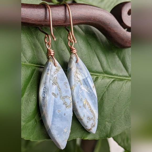 Artisan Blue Opal Gemstone Earrings Copper Wrap Spiral Marquise Lightweight - Picture 6 of 16